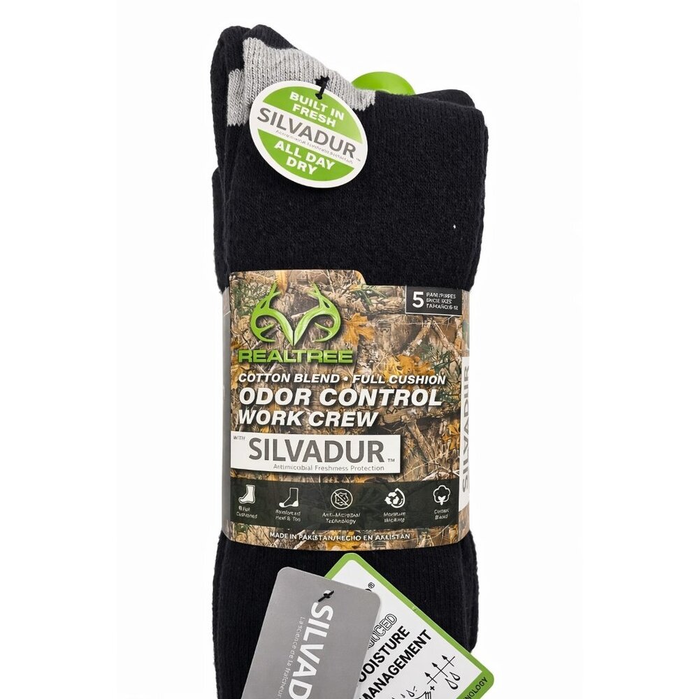 Realtree Odor‎ Control Work Crew Socks 5 Pair Silvadur Cushion Boot 6-12